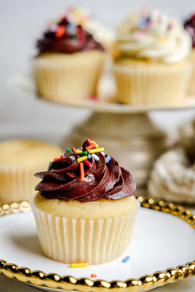 A vanilla cupcake with chocolate frosting and colorful sprinkles on a plate.