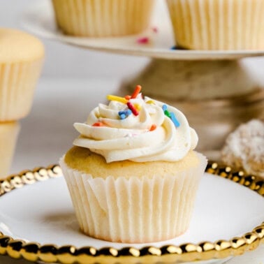 A vanilla cupcake on a plate with colorful sprinkles on the frosting.