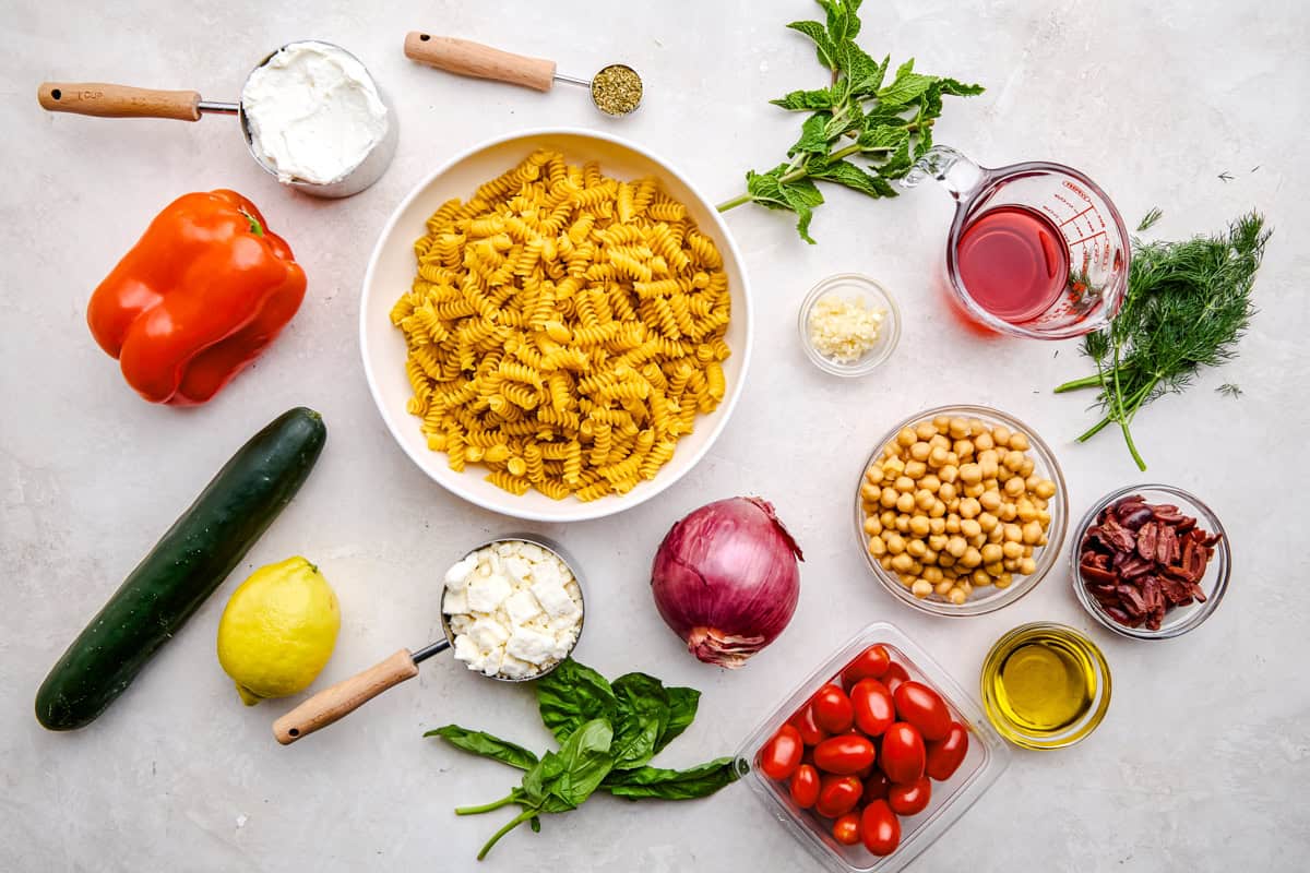 Ingredients for Whipped Feta Greek Pasta Salad.