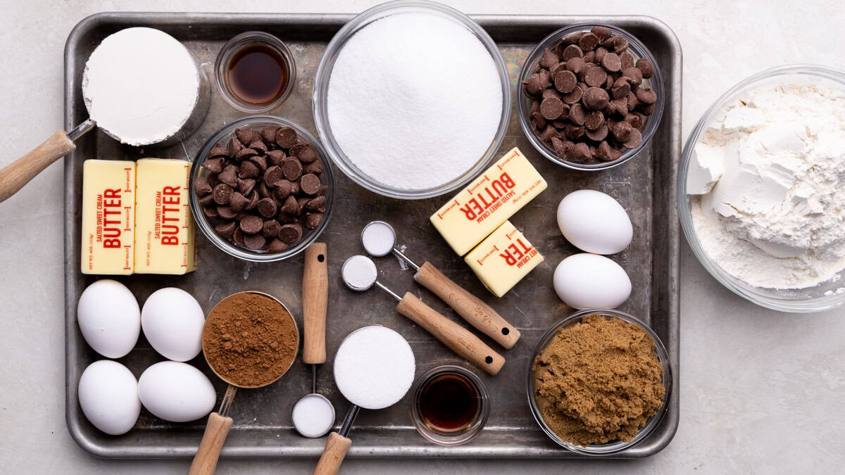 An overhead view of the ingredients needed to make sheet pan brookies.