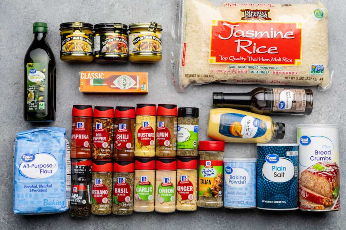 An overhead view of the pantry staples needed for the Cheap Eats Meal Plan from The Stay At Home Chef.