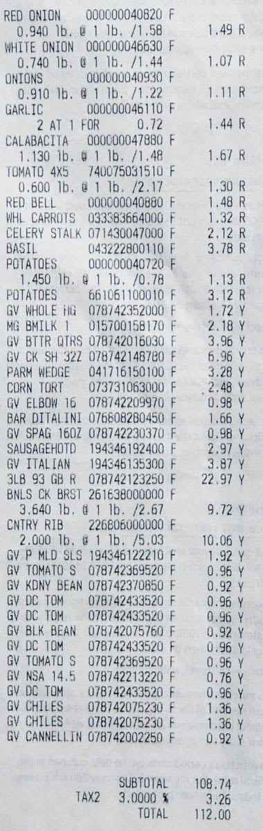 A receipt showing purchases for Week 2 of the Cheap Eats Meal Plan from The Stay At Home Chef showing a total of $108.74.