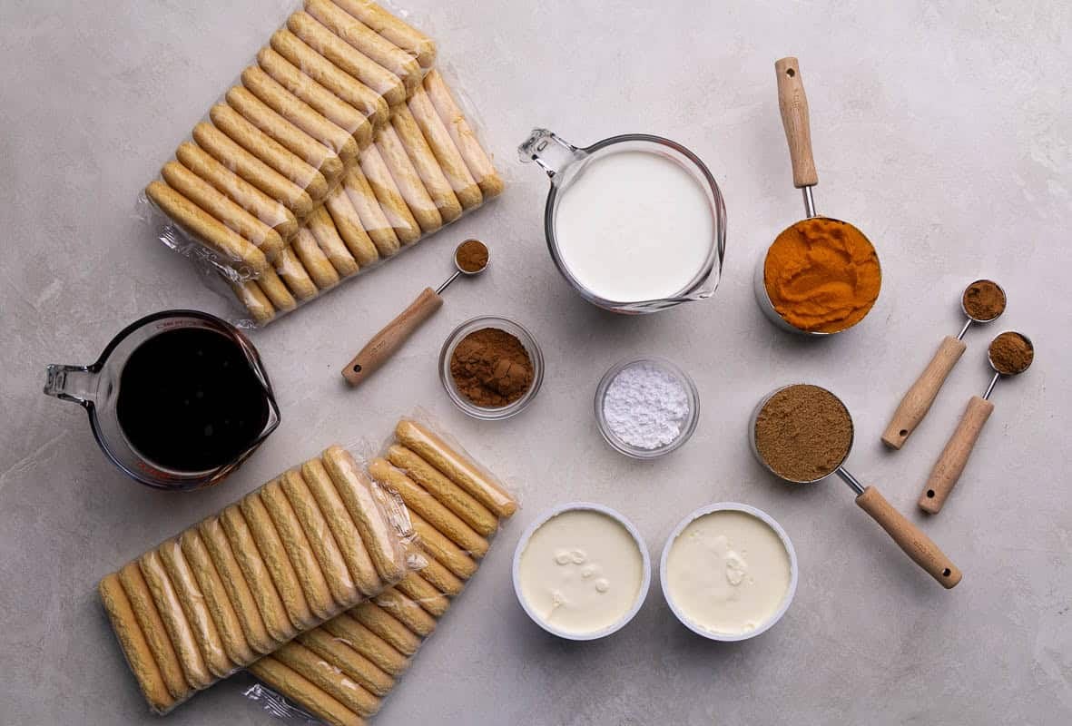 An overhead view of the ingredients needed to make pumpkin tiramisu.