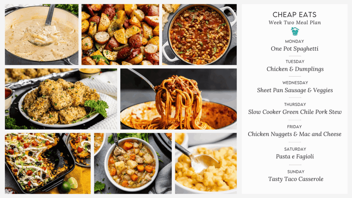 A collage of images showing the recipes available in Week Two of Stay at Home Chef's Cheap Eats Meal Plan.