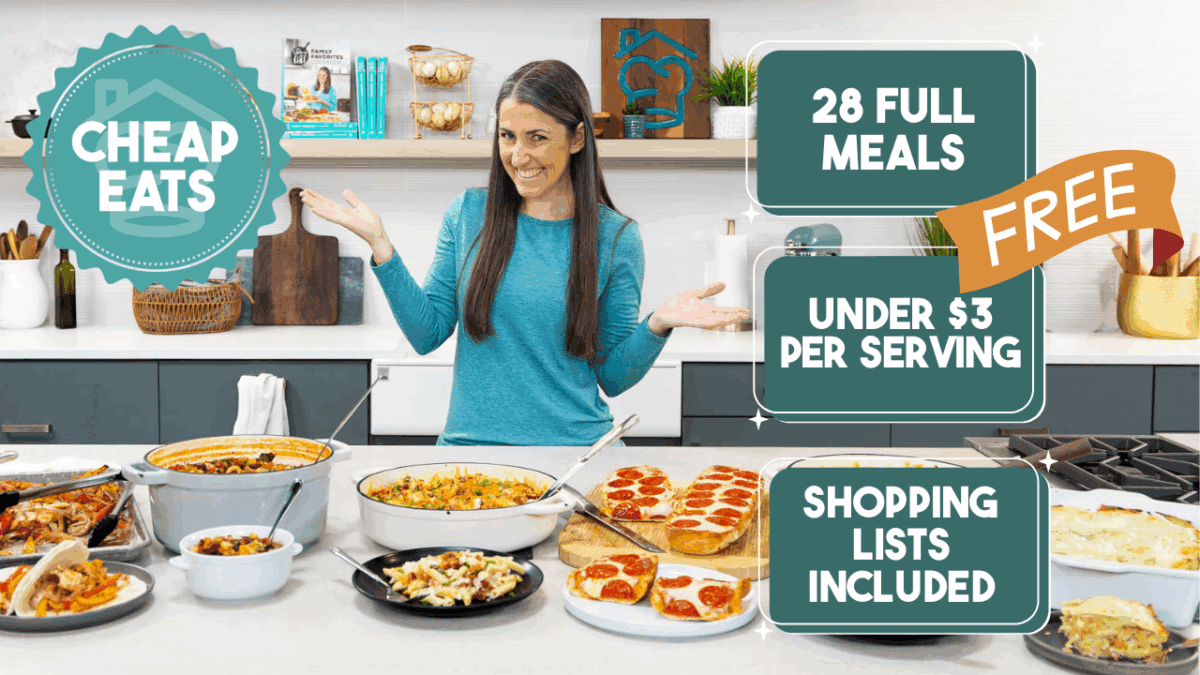 A decorative image with Rachel Farnsworth for Week 3 of the Cheap Eats Meal Plan from The Stay At Home Chef. 28 full meals under $3 per serving, shopping lists included!