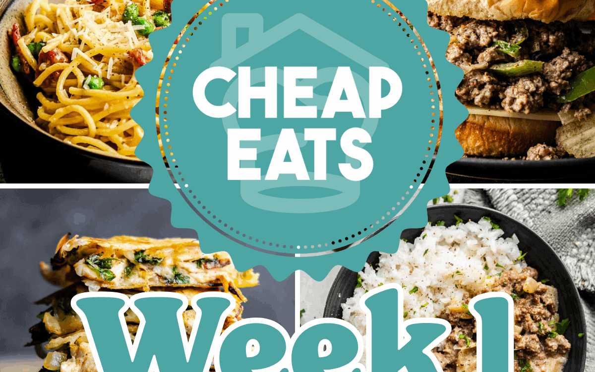 A decorative graphic showing Cheap Eats Week 1 with a collage of four images in the background.