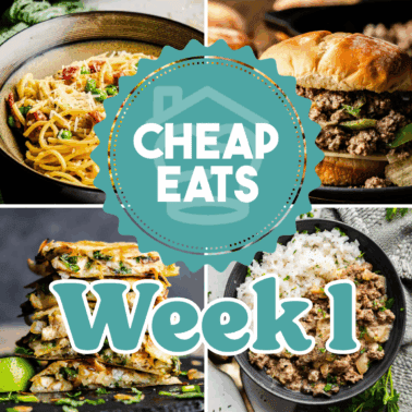 A decorative graphic showing Cheap Eats Week 1 with a collage of four images in the background.