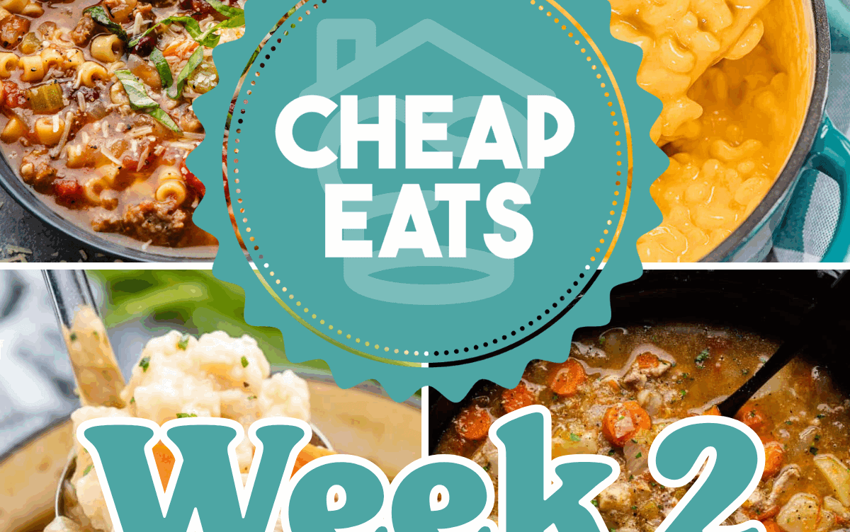 A decorative graphic showing Cheap Eats Week 2 with a collage of four images in the background.