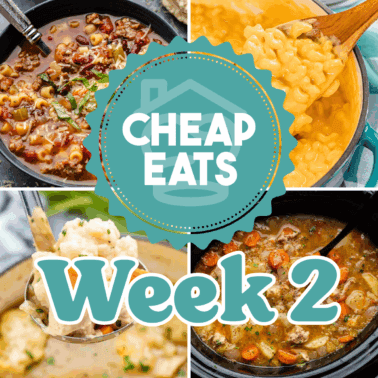A decorative graphic showing Cheap Eats Week 2 with a collage of four images in the background.