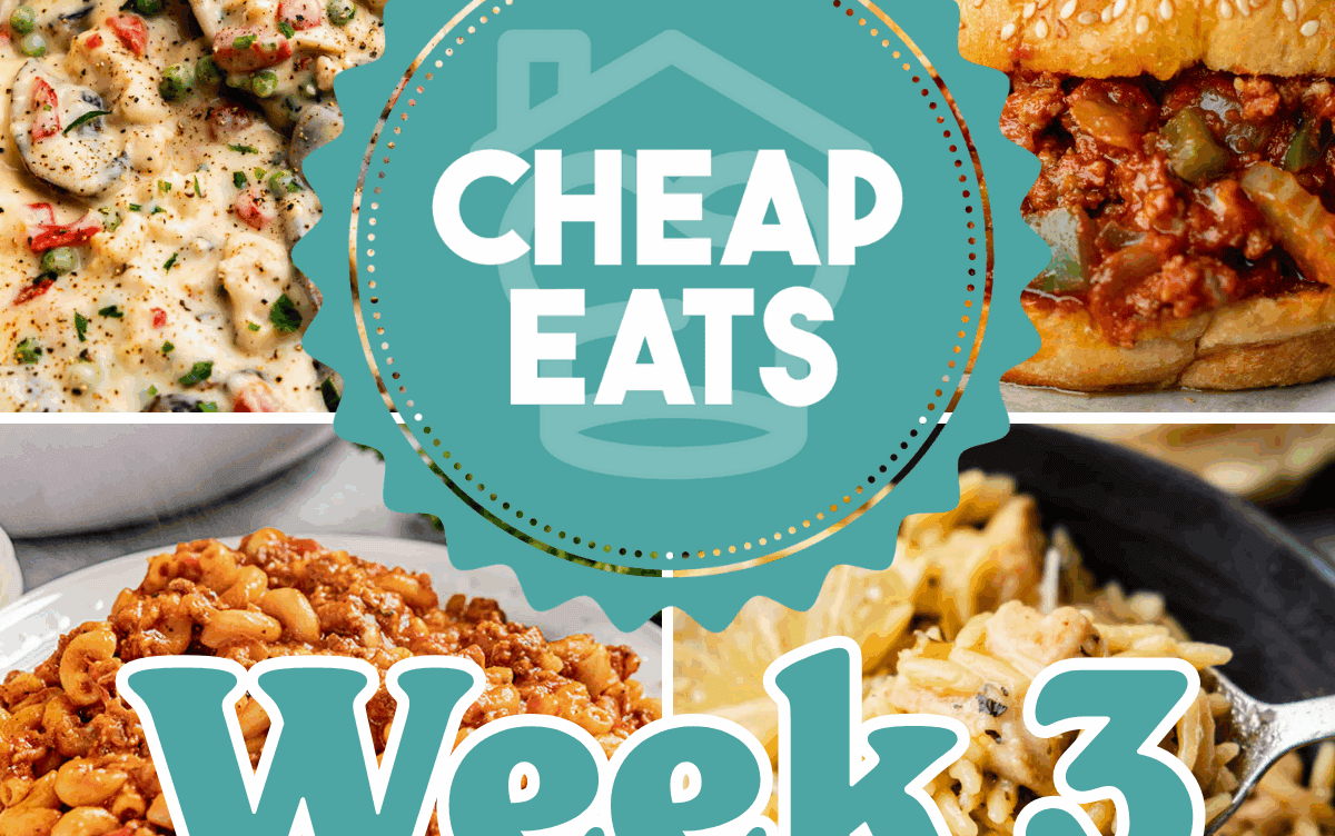 A decorative graphic showing Cheap Eats Week 3 with a collage of four images in the background.