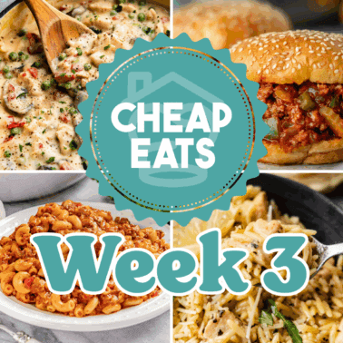 A decorative graphic showing Cheap Eats Week 3 with a collage of four images in the background.