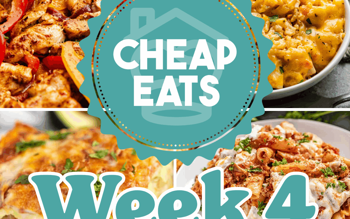 A decorative graphic showing Cheap Eats Week 4 with a collage of four images in the background.