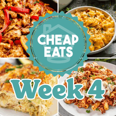 A decorative graphic showing Cheap Eats Week 4 with a collage of four images in the background.