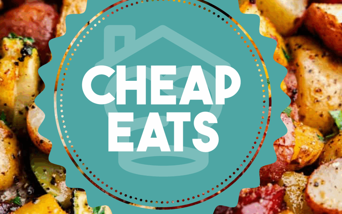 A decorative graphic for the Cheap Eats Meal Plan with an image of roasted veggies in the background.