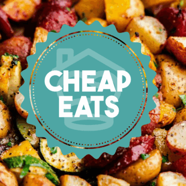 A decorative graphic for the Cheap Eats Meal Plan with an image of roasted veggies in the background.