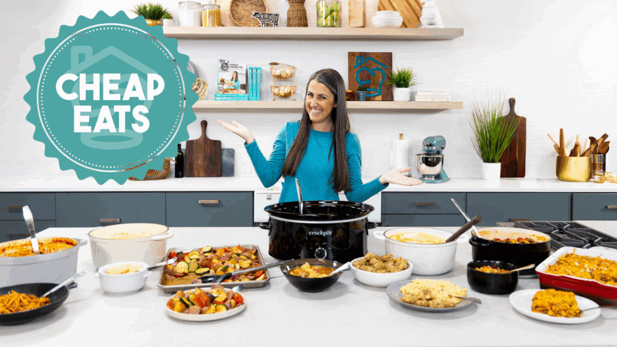 Rachel Farnsworth with the 7 meals for Week 2 of the Cheap Eats Meal Plan from The Stay At Home Chef.