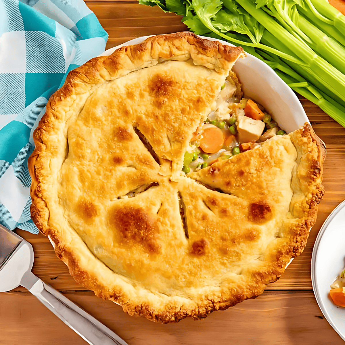 Bird's eye view of Chicken Pot Pie with a single slice cut out and placed on a white plate.