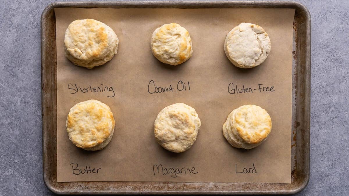 An overhead view of 6 different biscuits, all made differently to show a comparison of how different fats and flours impact the recipe.