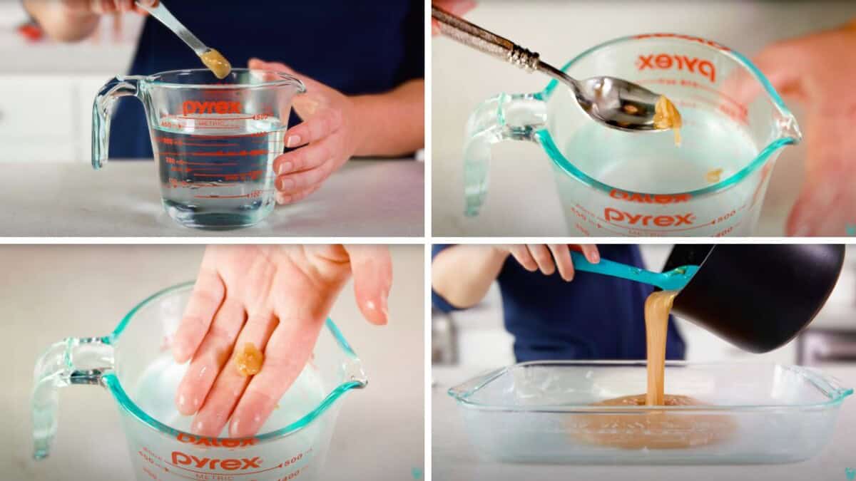 A collage of 4 images demonstrating how to test for the soft ball stage when making homemade caramels. No thermometer is required when using this method.