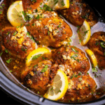 A closeup view of lemon garlic butter chicken thighs in the crock of a slow cooker, garnished with slices of lemon.