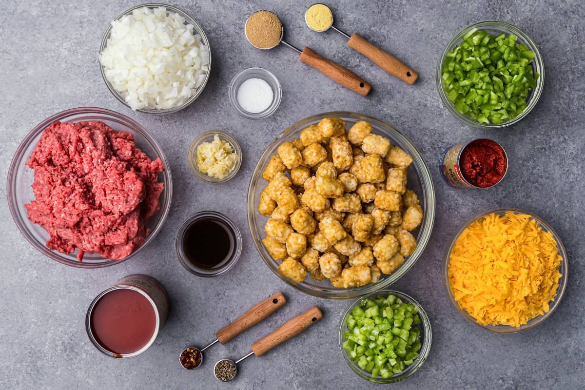 An overhead view of the ingredients needed to make sloppy joe tater tot casserole.
